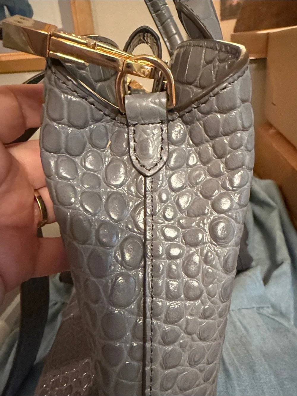Tory Burch Gray Croc-Embossed Tote with Gold Hardware - Picture 7 of 9
